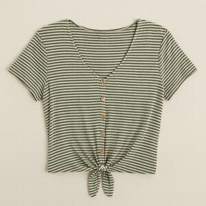Lush green and White Striped Button-Up Blouse